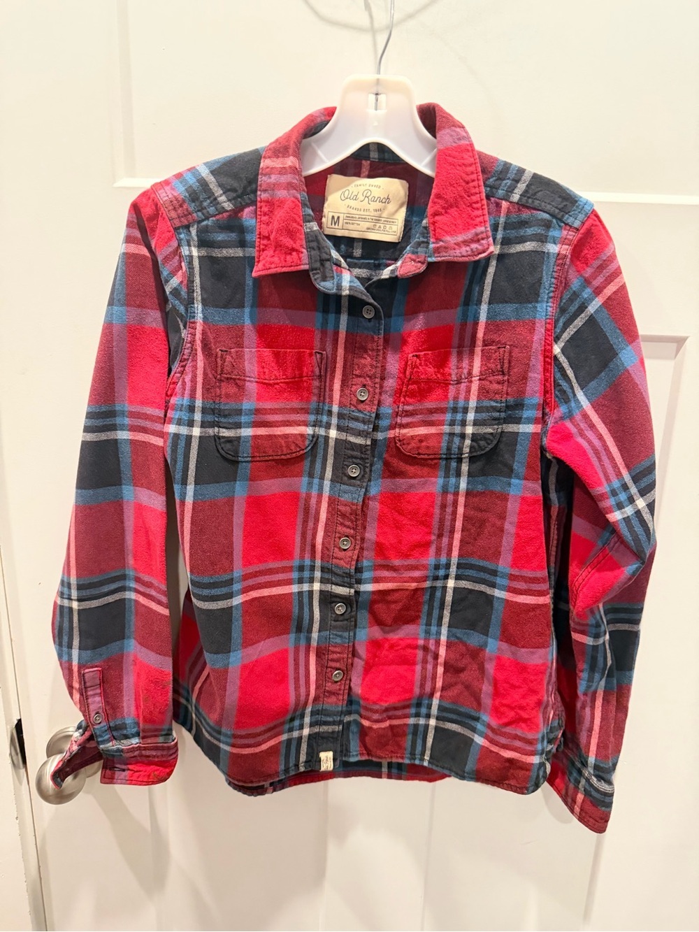 Old Ranch Red Blue Plaid Flannel Shirt Medium 100% Cotton Button Front Outdoor